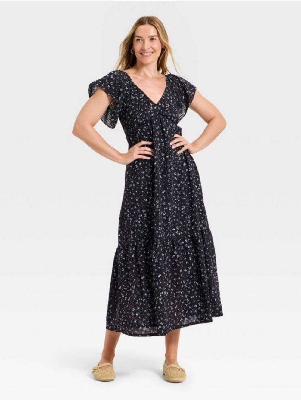 Cottagecore SZ S Women Flutter Short Sleeve Floral Maxi A-Line Dress